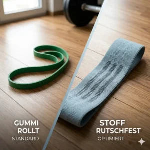 Comparison showing a rolling rubber band versus a wide and stable stoff widerstandsband rutschfest.