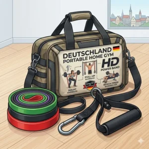 An illustration of a portable gym concept featuring heavy duty resistance bands packed in a bag.