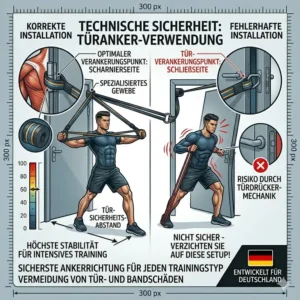 Safety instructions for correctly mounting resistance bands extra stark to a door anchor for home exercise.