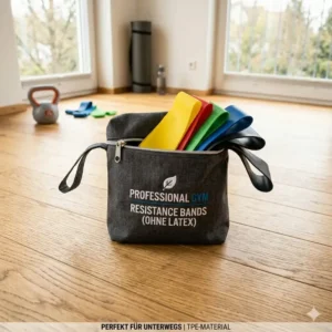 Ein praktischer Transportbeutel mit einem Set resistance bands ohne latex für unterwegs.
