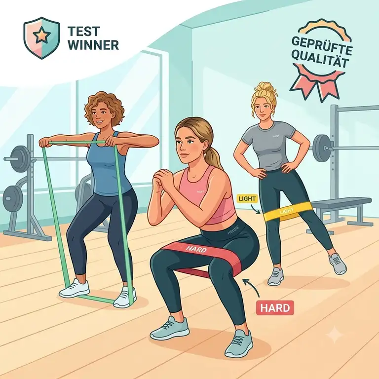 Drei sportliche Frauen trainieren im Fitnessstudio mit verschiedenen Fitnessbändern aus dem resistance baender für frauen test.