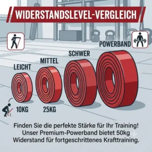 Infografik zum Vergleich verschiedener Fitnessbaender inklusive dem Powerband 50kg widerstand.