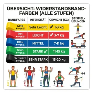 Die farbcodierte Tabelle zeigt alle Stufen im Ratgeber resistance band levels erklärt.