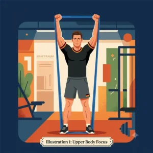 A fit male athlete executing an overhead press with a medium resistance band, focusing on strengthening shoulder muscles during medium resistance band training.