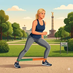 A close-up illustration of a woman performing lateral walks with a medium resistance band looped around her ankles, targeting glutes and legs in medium resistance band training.
