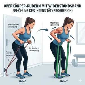 Grafische Darstellung des Ruderns mit Fitnessband zur Veranschaulichung der Widerstandsband Progression für den Rücken.