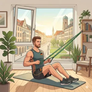 A detailed illustration showing a person in a semi-squat position, stretching a green medium resistance band with their leg for effective muscle engagement as part of medium resistance band training.