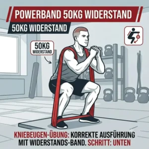 Kniebeugen Übungsausfuehrung mit einem Powerband 50kg widerstand fuer effektives Training.