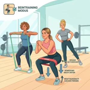 Illustration einer Frau bei Kniebeugen mit einem Miniband zur Demonstration effektiver Übungen im resistance baender für frauen test.