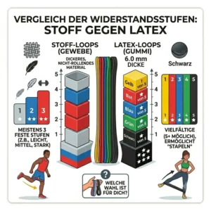 Unterschiede zwischen Stoff- und Latex-Zügen im Beitrag resistance band levels erklärt.