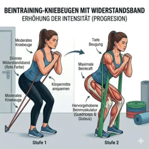 Kniebeugen mit verschiedenen Bandstärken als Beispiel für eine effektive Widerstandsband Progression im Beintraining.