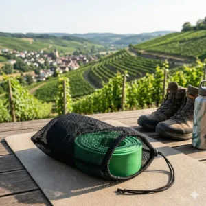 An illustrated view of a rolled-up medium resistance band and a carry bag on a yoga mat, showcasing the portable nature of this medium resistance band training equipment.