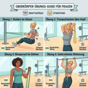 Vektorgrafik zeigt Übungen für Rücken und Arme mit elastischen Bändern für das Workout zu Hause im resistance baender für frauen test.