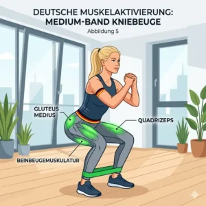 A simplified anatomical diagram with glowing green highlighted areas on a human figure, demonstrating muscle activation patterns during medium resistance band training squats and lunges.