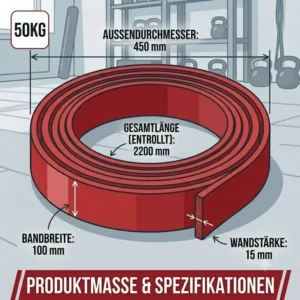 Genaue Abmessungen und technische Produktdaten fuer das Powerband 50kg widerstand
