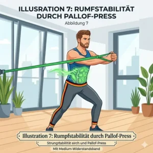 An illustrative diagram of an athlete performing a Pallof press, using a medium resistance band to generate anti-rotation force and build core stability through medium resistance band training.