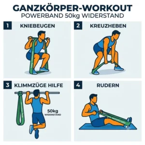 Uebungsuebersicht fuer ein Ganzkoerper-Workout mit dem Powerband 50kg widerstand.