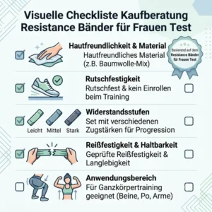 Visuelle Checkliste mit Kaufkriterien wie Hautfreundlichkeit und Rutschfestigkeit basierend auf dem resistance baender für frauen test.