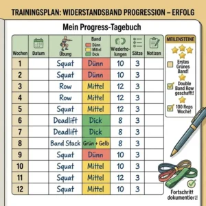 Ein symbolischer Trainingsplan zur Dokumentation der eigenen Erfolge bei der Widerstandsband Progression.