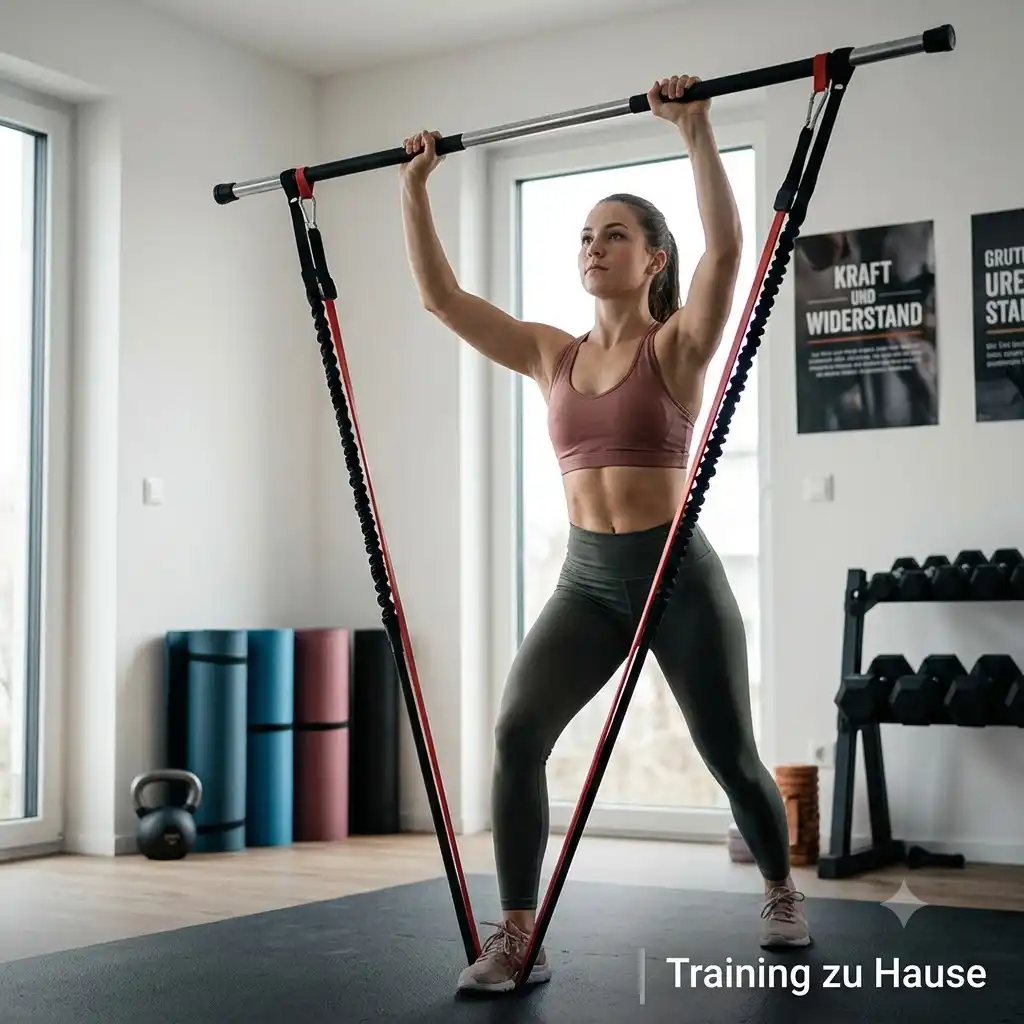 A full body workout using a resistance bands stange in a home gym.