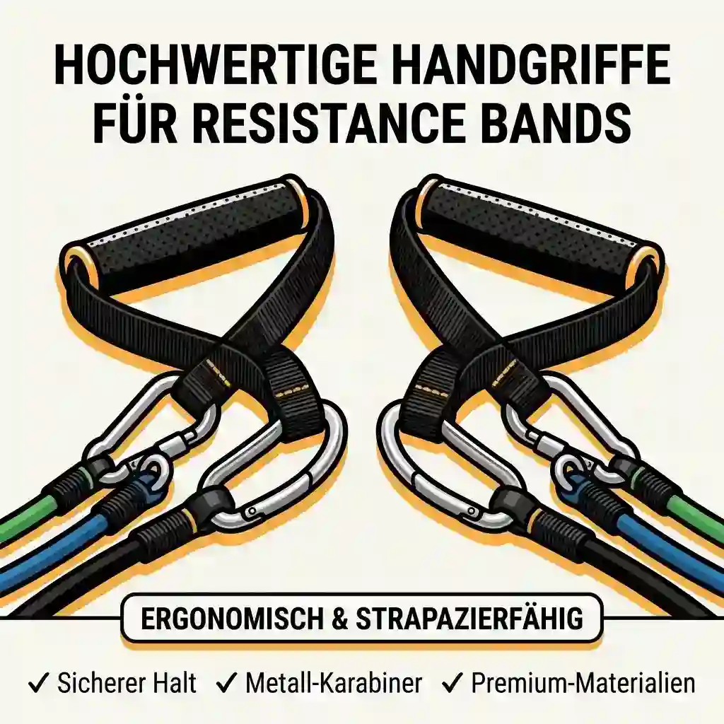 Complete premium handgriffe resistance bands set with metal carabiners and black foam handles on a clean background.
