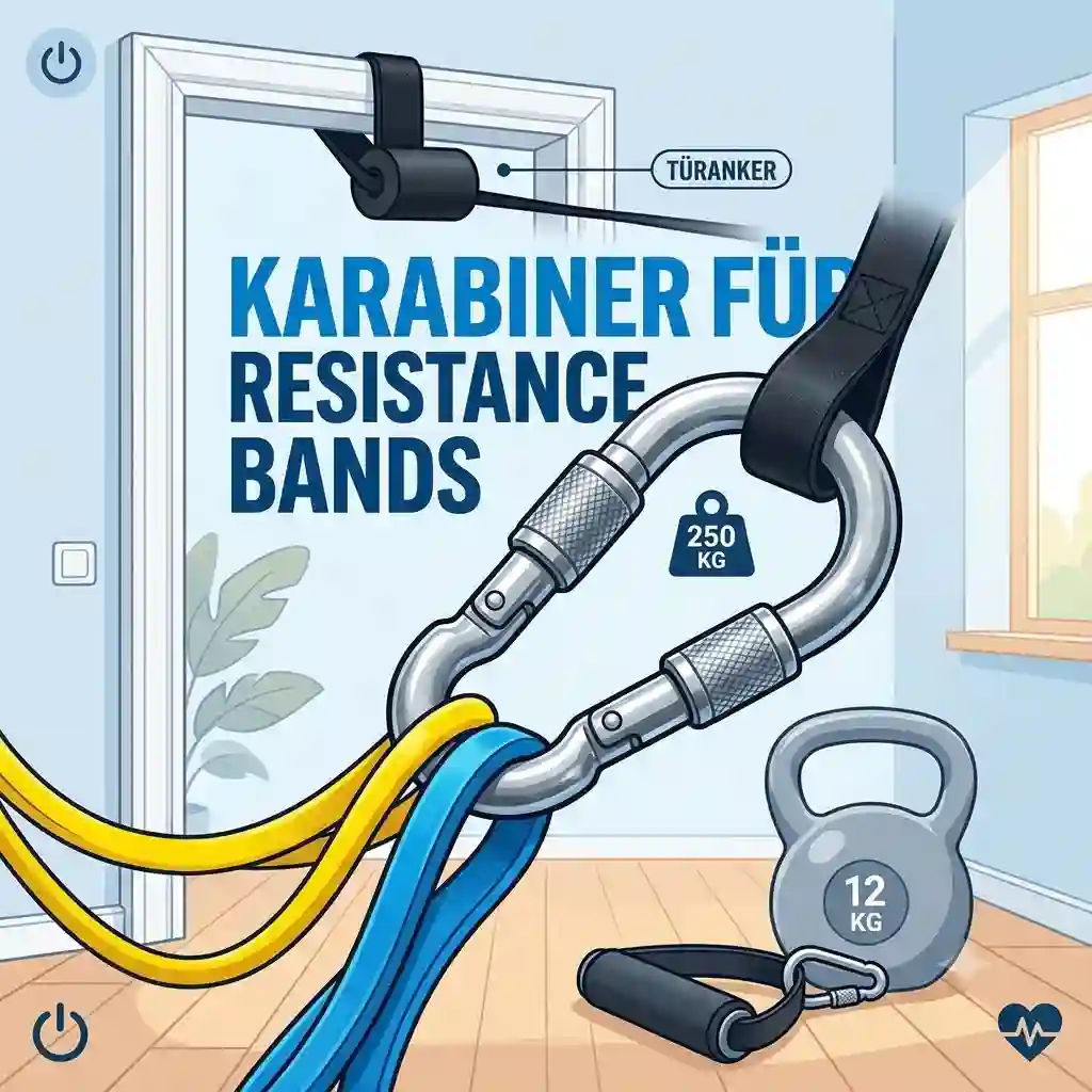 A secure door anchor setup using a heavy-duty karabiner für resistance bands and multi-colored bands.