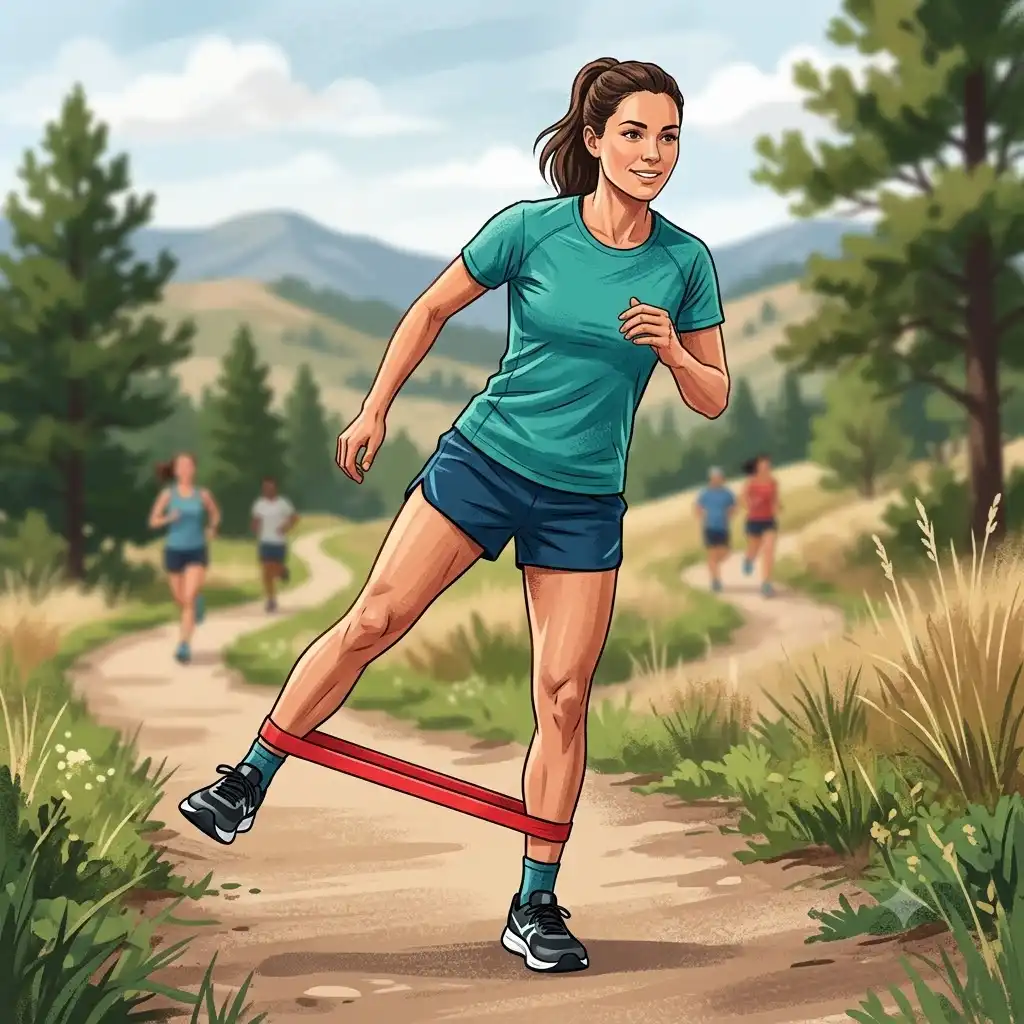 A female runner using a rehab band für läufer for outdoor strength training to prevent injuries.