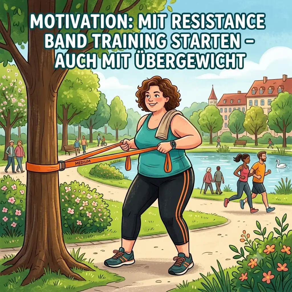 A motivated person training with a resistance band übergewicht at home.