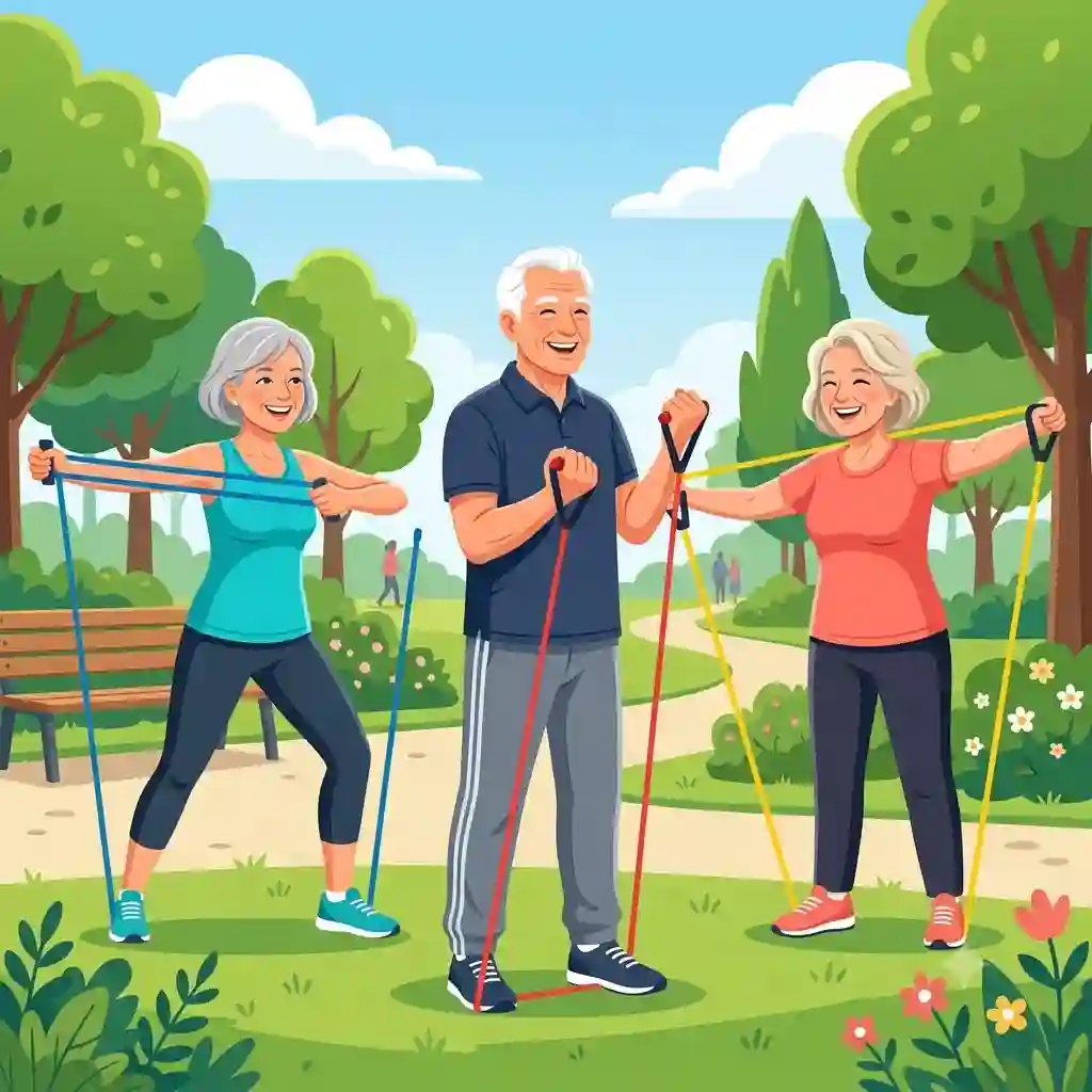Eine Gruppe aktiver Senioren macht Übungen mit Resistance Bands im Stehen für mehr Fitness im Alter.