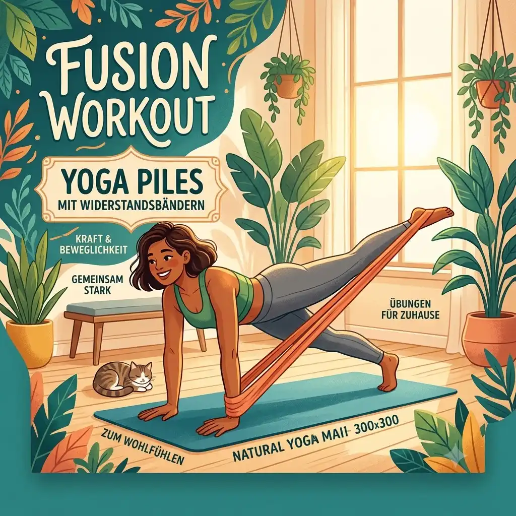 A woman practicing a hybrid fusion workout using resistance bands yoga pilates routine on a mat in a bright, modern studio.