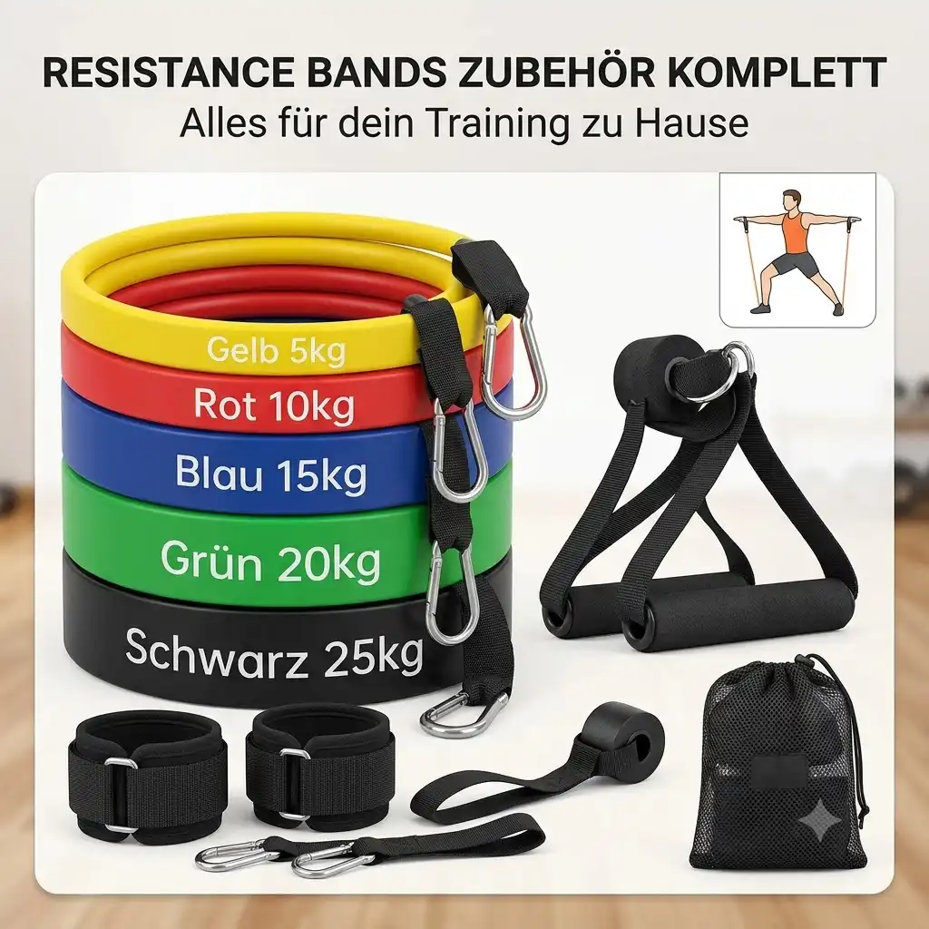 Komplettes Resistance Bands Zubehör komplett Set mit verschiedenen Bändern, Griffen, Türanker und Tragetasche übersichtlich arrangiert.