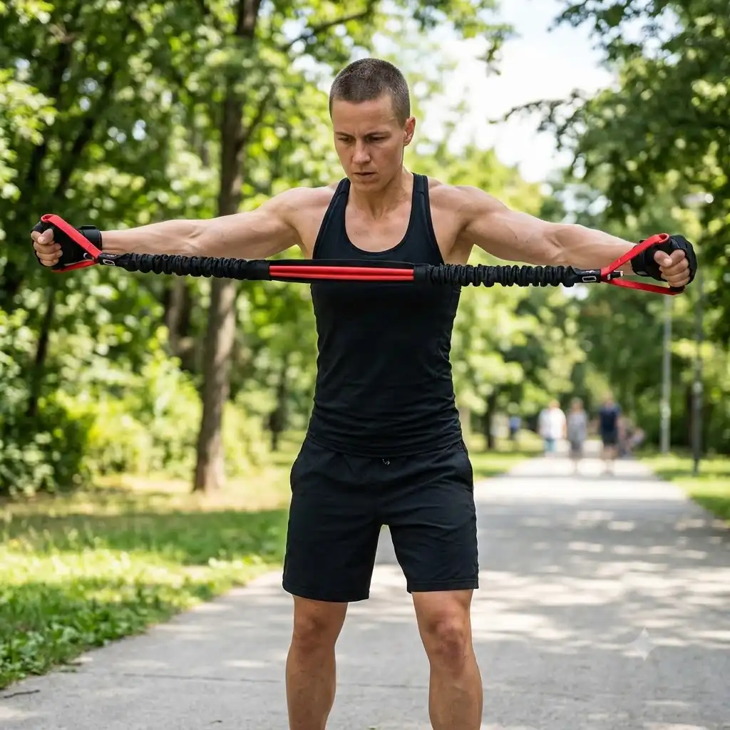 Athlet führt Oberkörperübungen mit einem Premium-Schutzmantel Resistance Band im Freien durch