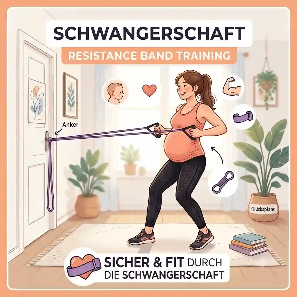 A happy pregnant woman doing her schwangerschaft resistance band training workout routine in a bright living room.