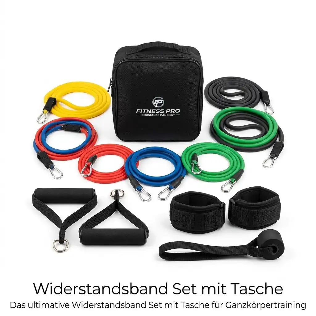 1: A comprehensive widerstandsband set mit tasche including five resistance bands, handles, ankle straps, and a door anchor.
