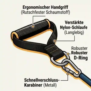 Close-up illustration of heavy-duty handgriffe resistance bands showing the non-slip foam grip, durable nylon webbing, and steel D-ring.