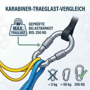 A technical comparison diagram illustrating the load capacity and breaking strength of a karabiner für resistance bands.