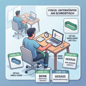 Illustration einer Person beim Home Office Training mit Resistance Bändern zur Stärkung von Brust und Schultern.