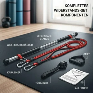 The components of a complete resistance bands stange set on a mat.