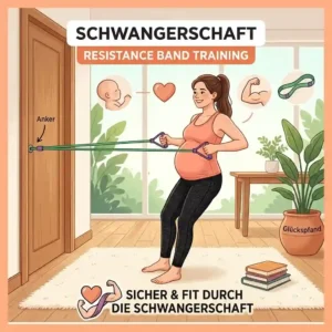 A pregnant woman performing squats with a mini loop band around her thighs for schwangerschaft resistance band training.