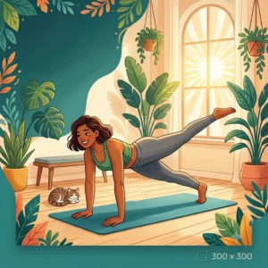 Illustration of a person doing a warrior pose with a resistance bands yoga pilates exercise style to increase shoulder strength.