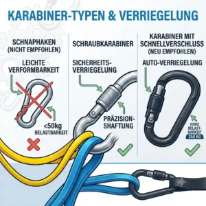 A visual overview of different clip types, including screw-lock and spring-gate karabiner für resistance bands options.