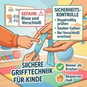 A graphic showing a safety check for a damaged or worn-out physioband für kinder sicher.