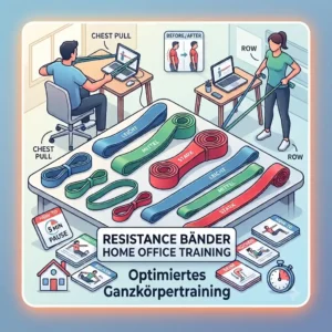Eine Grafik zeigt Übungen gegen Rückenschmerzen im Home Office mithilfe von flexiblen Fitnessbändern.