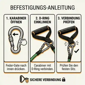 Step-by-step diagram illustrating how to securely clip carabiners to handgriffe resistance bands.