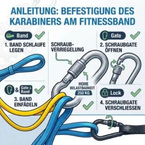A step-by-step infographic showing how to correctly attach the looped end of a fitness band to a karabiner für resistance bands.
