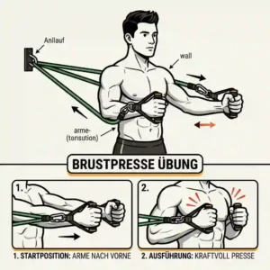 Illustration of a person performing a standing chest press exercise using fitness tubes and handgriffe resistance bands.