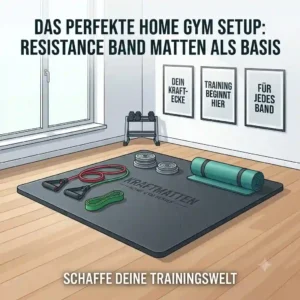 Compact home gym layout featuring a resistance band matten, handles, and door anchor.