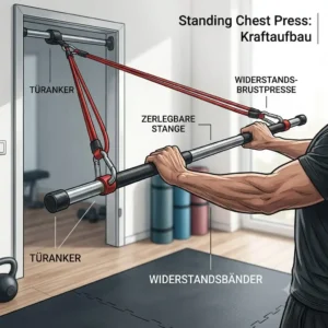 Targeting the chest with a standing press using a resistance bands stange.