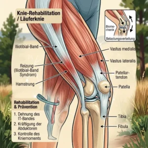 An anatomical illustration explaining how to relieve runner's knee symptoms through exercises with a rehab band für läufer.