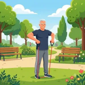 Illustration einer Fitness-Übung für Arme und Brust mit einem Fitnessband für ältere Menschen.
